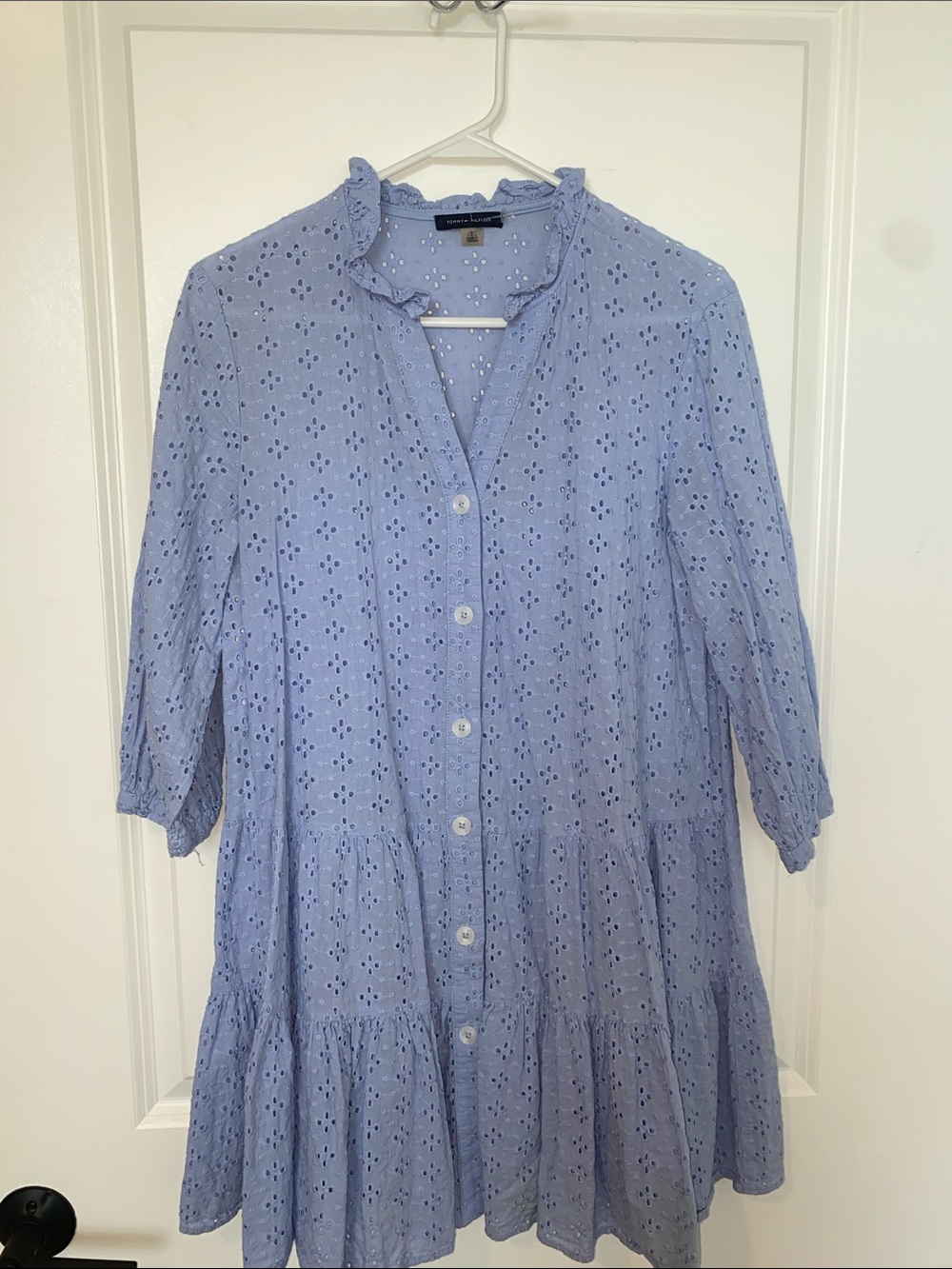 Tommy Hilfiger Light Blue Eyelet Tiered Midi Dress